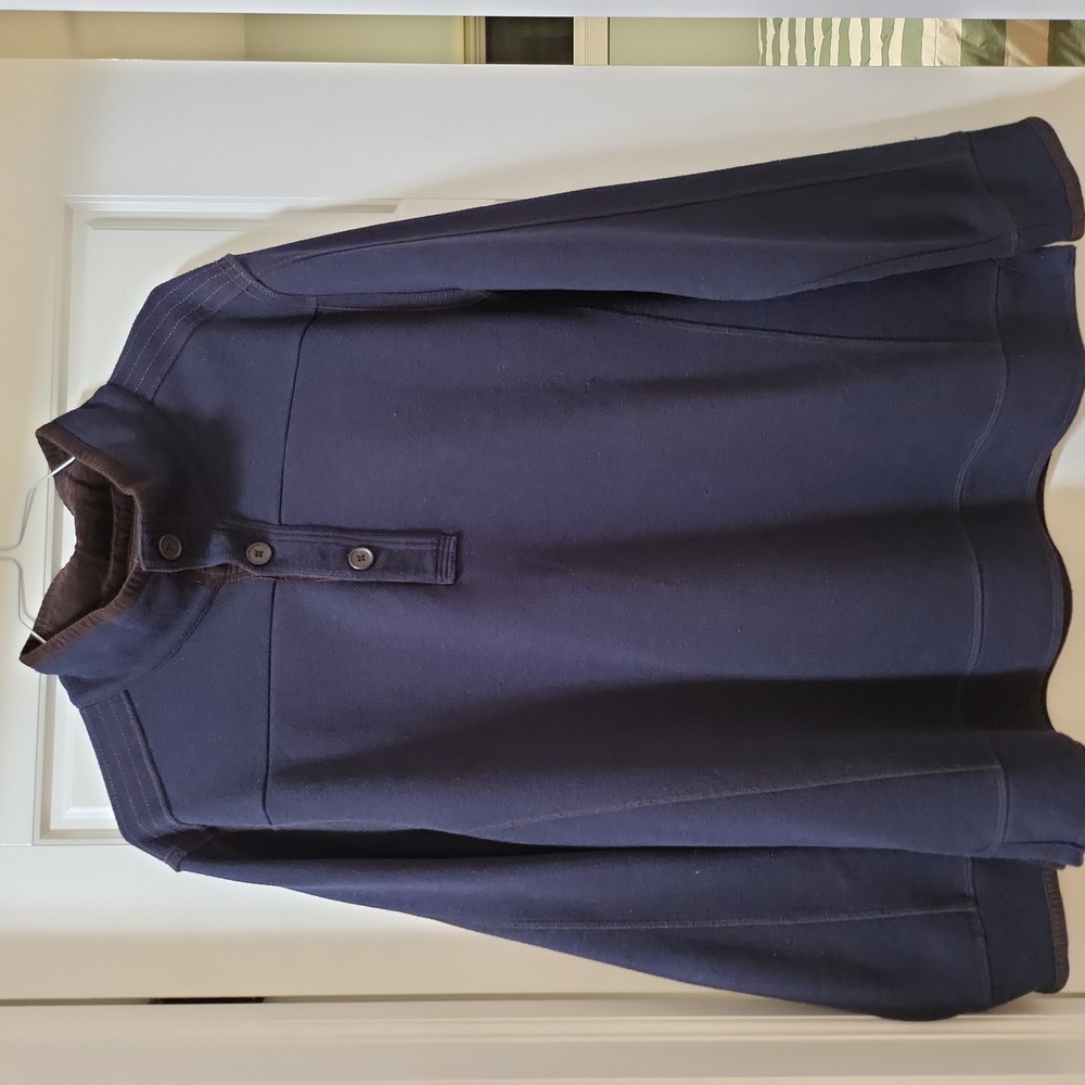 Mens 3/4 button pullover, navy blue with brown pick stitch XL